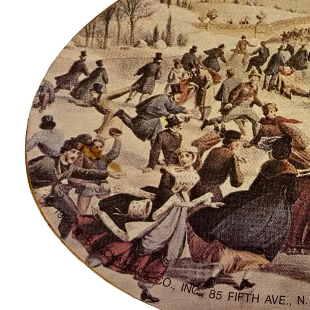 Vintage Shackman Wooden Oval Gift Box Currier & Ives Central Park Skating READ